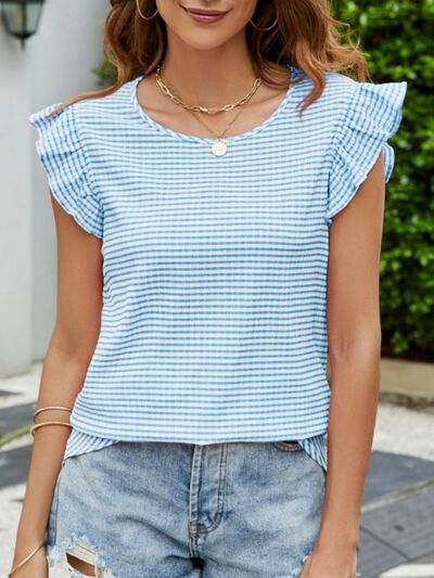 Blue Zone Planet | Plaid Ruffled Round Neck Cap Sleeve T-Shirt BLUE ZONE PLANET