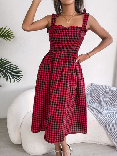 Frill Plaid Square Neck Midi Dress BLUE ZONE PLANET