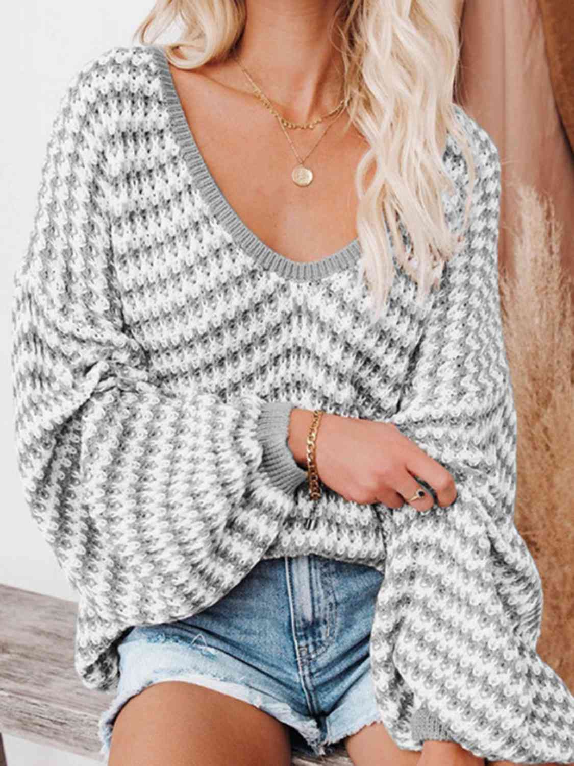Striped Drop Shoulder V-Neck Sweater BLUE ZONE PLANET
