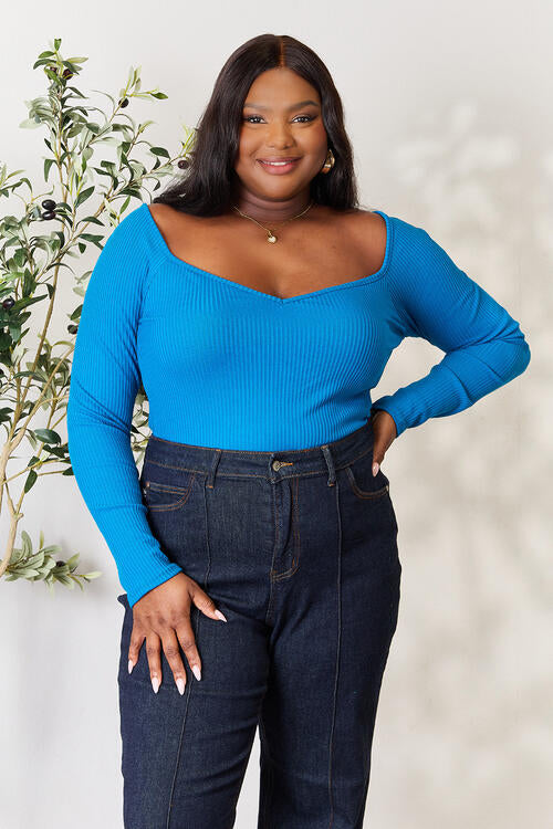 Culture Code Full Size Ribbed Sweetheart Neck Knit Top BLUE ZONE PLANET