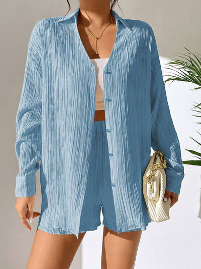 Textured Buttoned Shirt and Shorts Set-TOPS / DRESSES-[Adult]-[Female]-2022 Online Blue Zone Planet