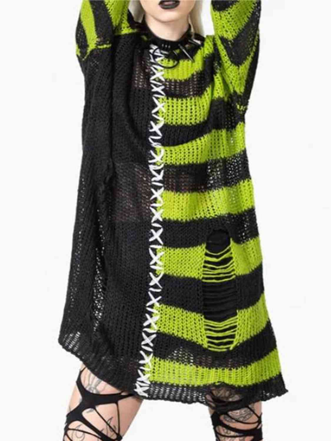 Striped Distressed Tunic Sweater BLUE ZONE PLANET
