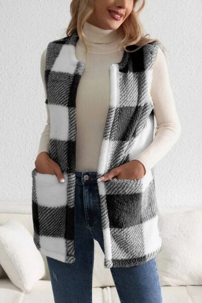 Sherpa Plaid Open Front Vest Coat BLUE ZONE PLANET