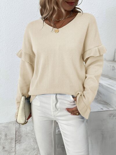 Blue Zone Planet | Ruffled V-Neck Dropped Shoulder Sweater BLUE ZONE PLANET
