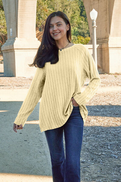Basic Bae Full Size Ribbed Round Neck Long Sleeve Knit Top BLUE ZONE PLANET
