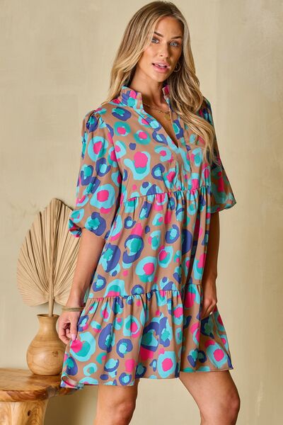 Notched Balloon Sleeve Mini Dress BLUE ZONE PLANET