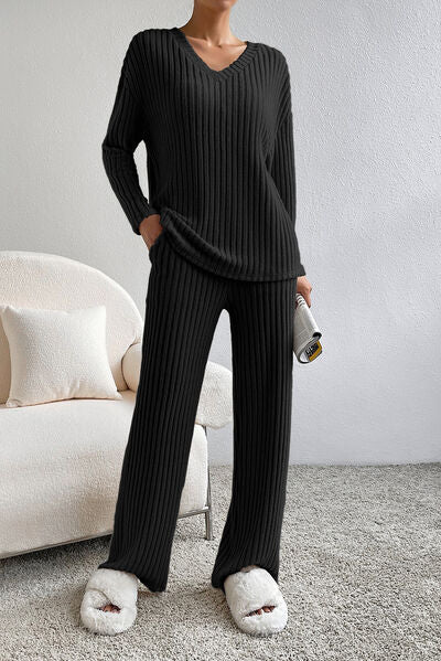 Blue Zone Planet | Ribbed V-Neck Top and Pants Lounge Set BLUE ZONE PLANET