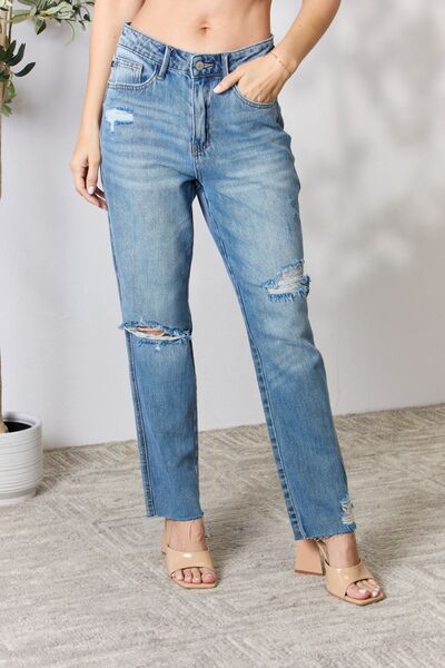 Judy Blue Full Size Distressed Raw Hem Straight Jeans BLUE ZONE PLANET