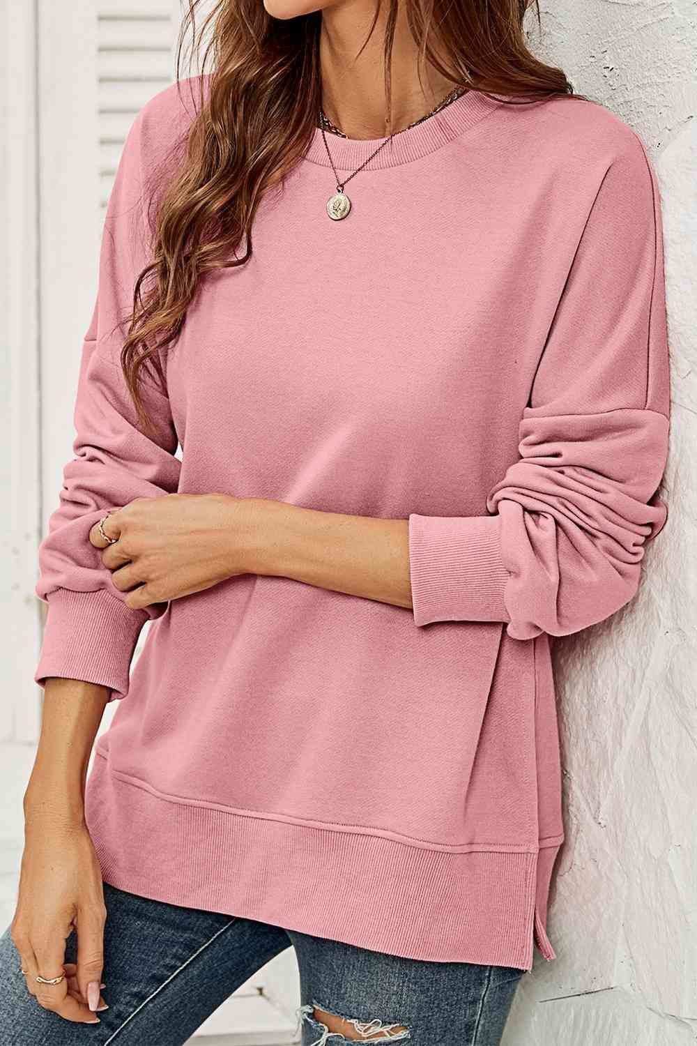 Round Neck Dropped Shoulder Slit Sweatshirt BLUE ZONE PLANET