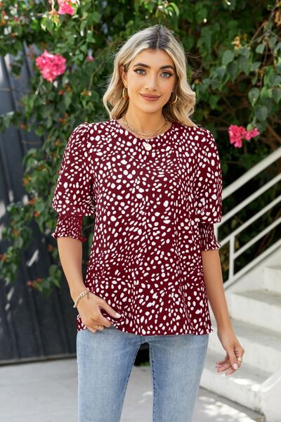 Blue Zone Planet | Polka Dot Round Neck Lantern Sleeve Blouse BLUE ZONE PLANET