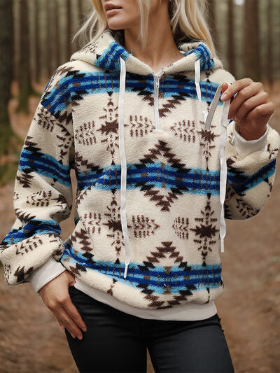 Blue Zone Planet | Geometric Half Zip Drawstring Long Sleeve Hoodie BLUE ZONE PLANET