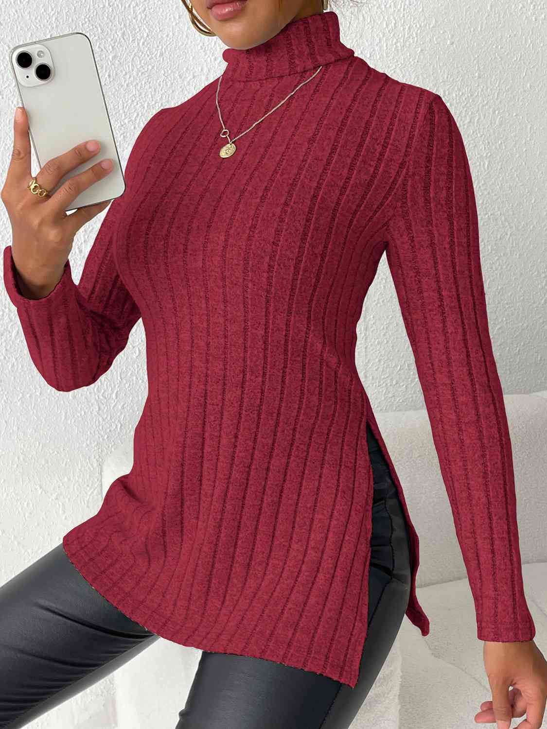 Ribbed Turtleneck Long Sleeve Slit T-Shirt BLUE ZONE PLANET