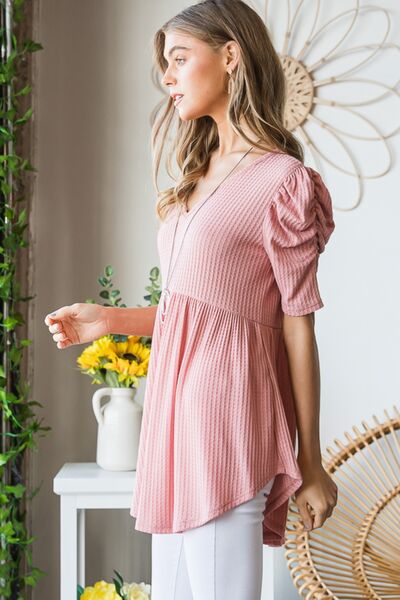 Blue Zone Planet | Heimish Full Size Waffle Knit V-Neck Babydoll Top BLUE ZONE PLANET