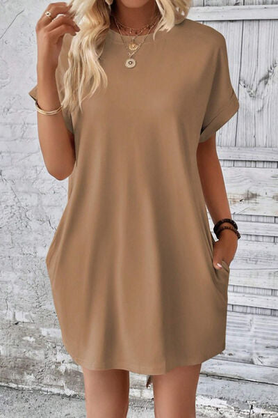 Blue Zone Planet | Pocketed Round Neck Short Sleeve Dress BLUE ZONE PLANET