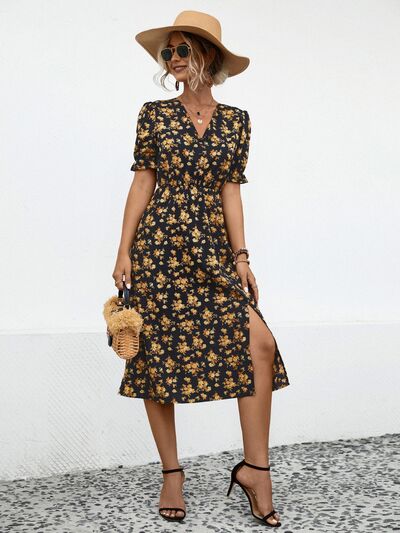 Blue Zone Planet |  Slit Printed V-Neck Short Sleeve Dress BLUE ZONE PLANET