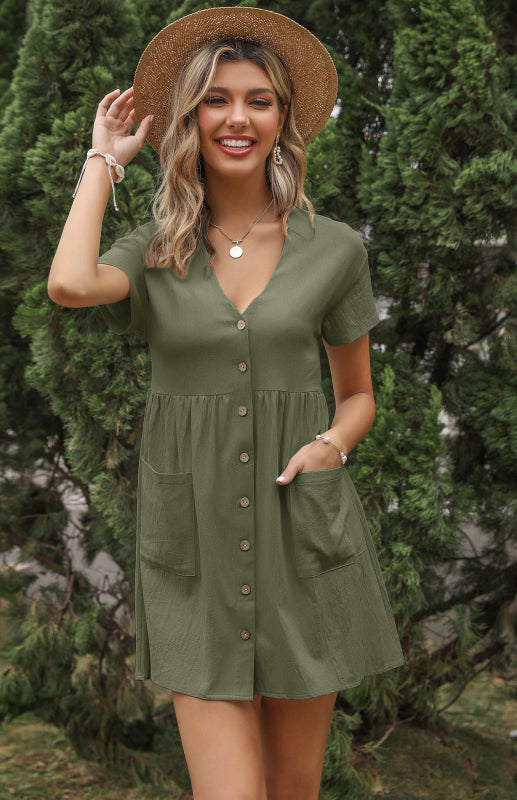 Blue Zone Planet | Ladies Solid Color V-Neck Short Sleeve Shirt Dress BLUE ZONE PLANET