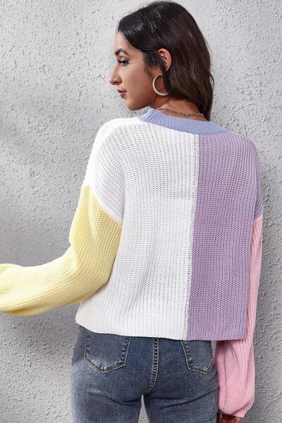 Color Block Button Up V-Neck Knit Top BLUE ZONE PLANET