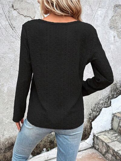 Blue Zone Planet | Openwork Half Button Long Sleeve Blouse BLUE ZONE PLANET