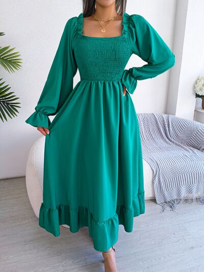 Smocked Square Neck Flounce Sleeve Dress BLUE ZONE PLANET