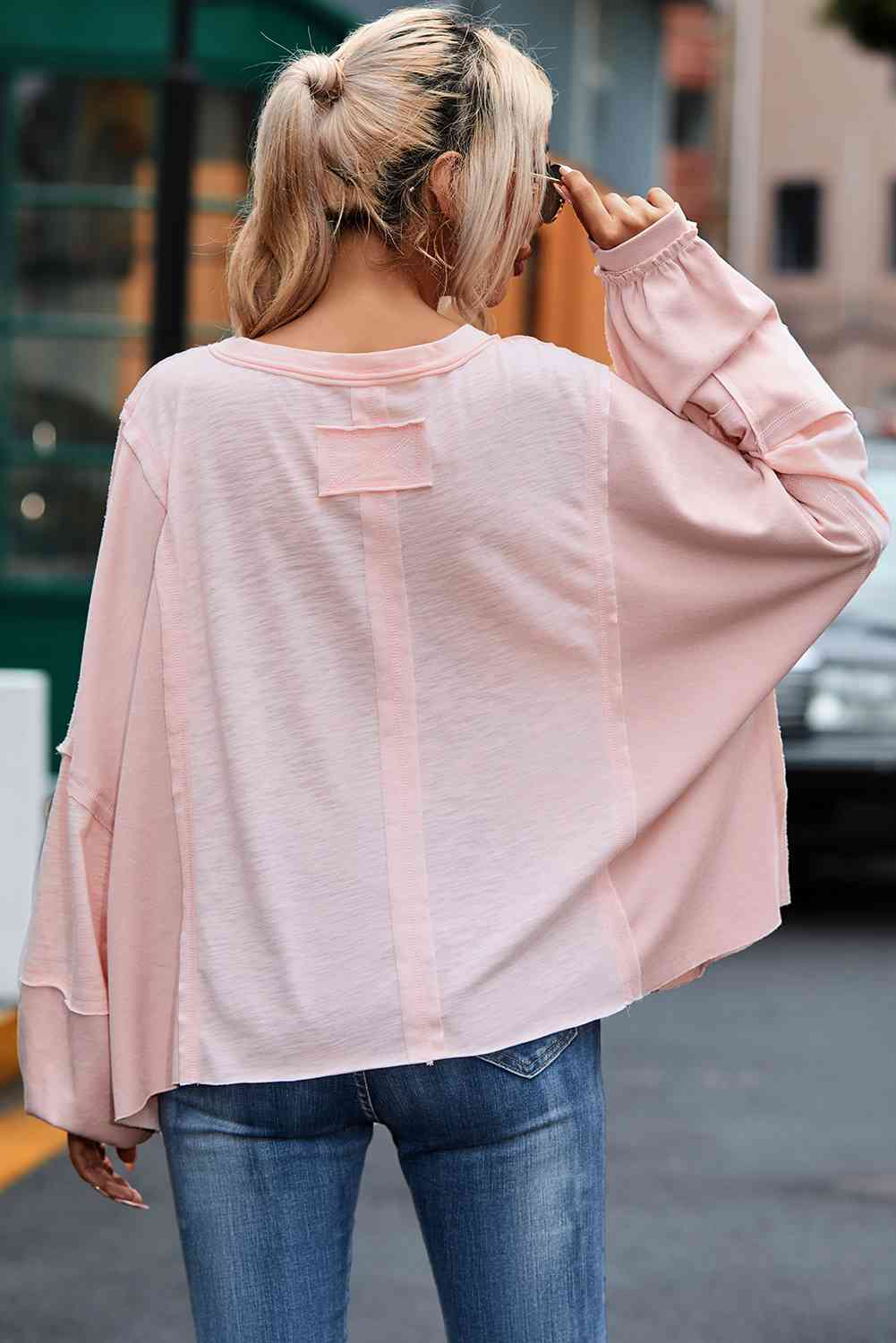 Exposed Seam Round Neck Top with Pocket BLUE ZONE PLANET