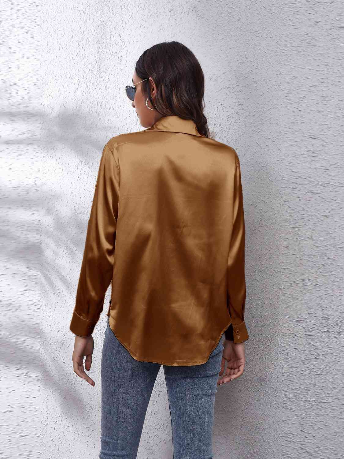 Collared Neck Buttoned Long Sleeve Shirt BLUE ZONE PLANET