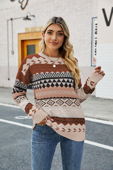 Round Neck Drop Shoulder Sweater BLUE ZONE PLANET