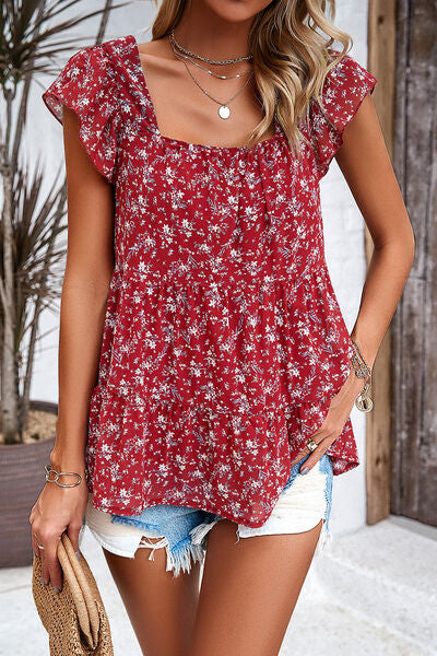 Blue Zone Planet | Printed Square Neck Cap Sleeve Blouse BLUE ZONE PLANET