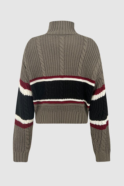 Blue Zone Planet | Cable-Knit Striped Quarter Zip Turtleneck Sweater BLUE ZONE PLANET