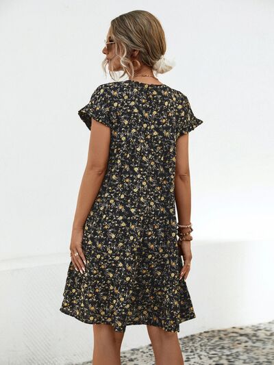 Blue Zone Planet |  Frill Floral Round Neck Short Sleeve Tiered Dress BLUE ZONE PLANET
