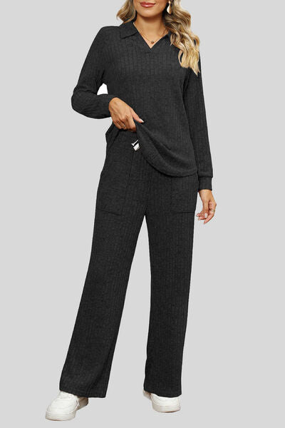 Blue Zone Planet | Ribbed Long Sleeve Top and Pocketed Pants Set BLUE ZONE PLANET