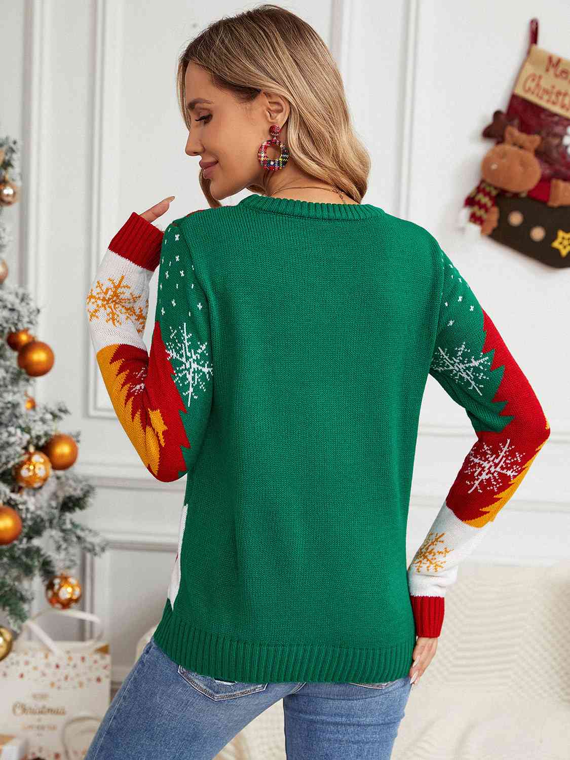 Printed Round Neck Long Sleeve Sweater BLUE ZONE PLANET