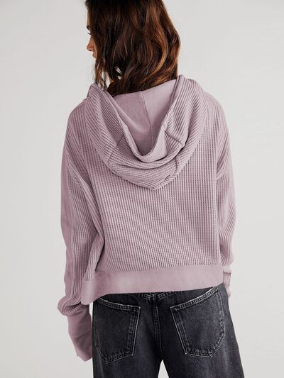 Blue Zone Planet | Waffle-Knit Dropped Shoulder Hooded Jacket BLUE ZONE PLANET