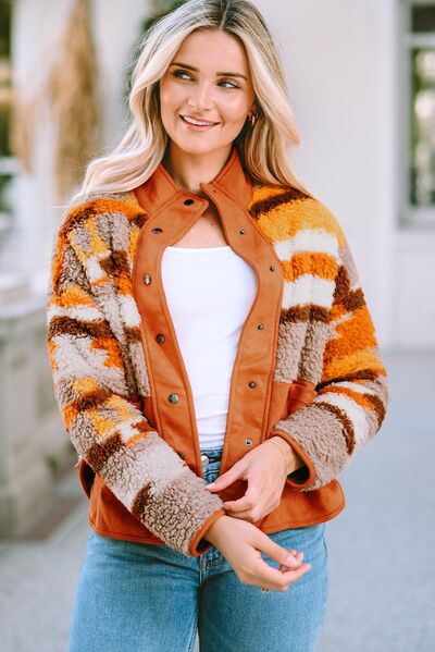Fuzzy Contrast Snap Down Long Sleeve Jacket BLUE ZONE PLANET