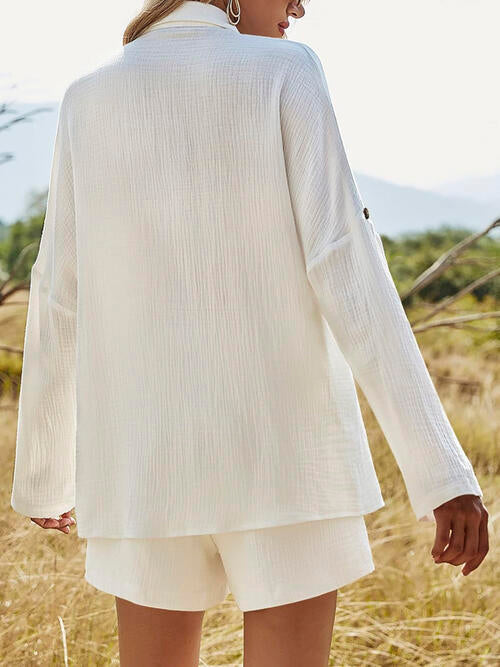 Texture Button Up Shirt and Shorts Set BLUE ZONE PLANET