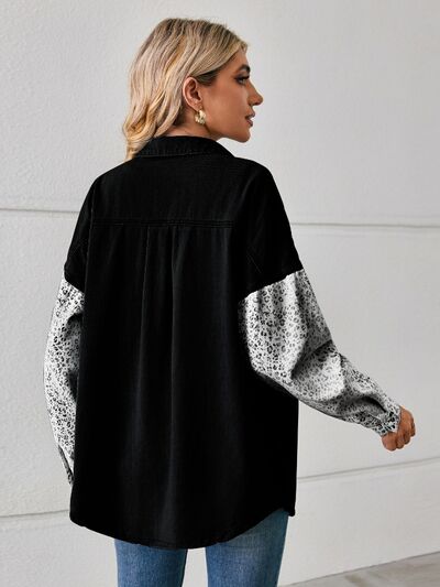 Leopard Button Up Denim Jacket BLUE ZONE PLANET