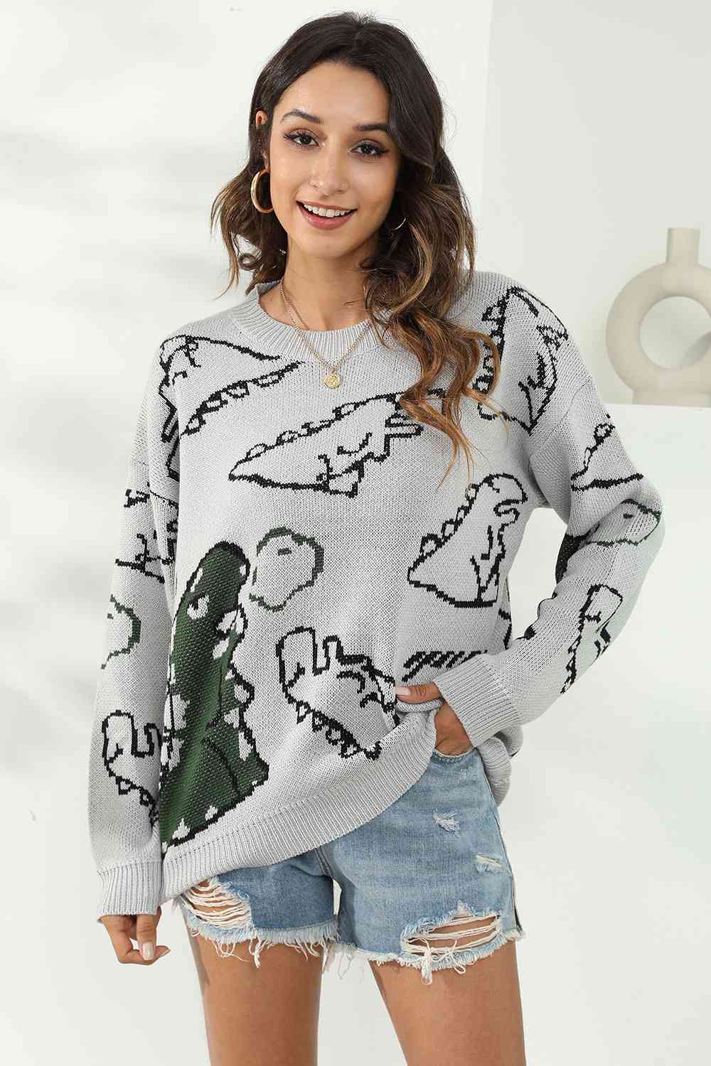 Dinosaur Print Pullover Sweater BLUE ZONE PLANET