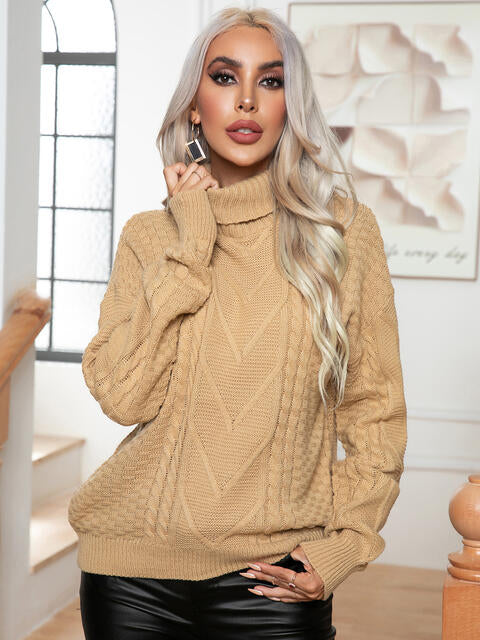 Turtleneck Cable-Knit Long Sleeve Sweater BLUE ZONE PLANET