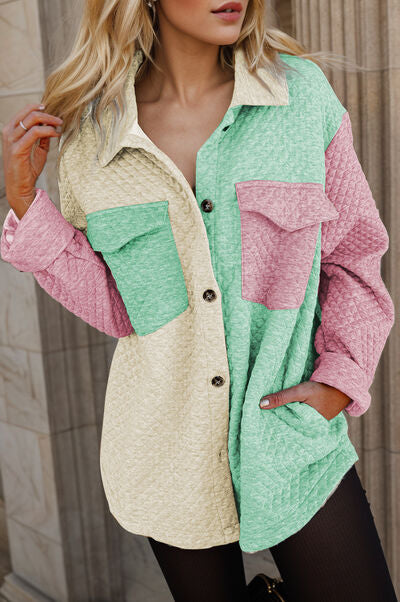 Blue Zone Planet | Color Block Button Up Long Sleeve Shacket BLUE ZONE PLANET