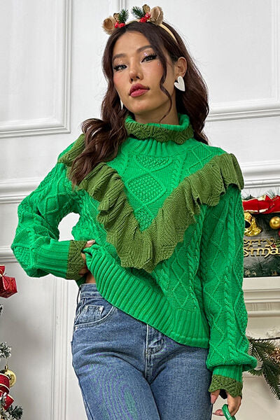 Blue Zone Planet | Cable-Knit Ruffled Mock Neck Lantern Sleeve Sweater BLUE ZONE PLANET