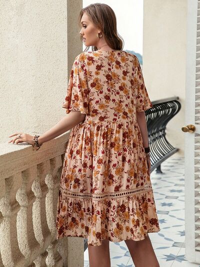 Plus Size Floral Crochet Flutter Sleeve Dress BLUE ZONE PLANET