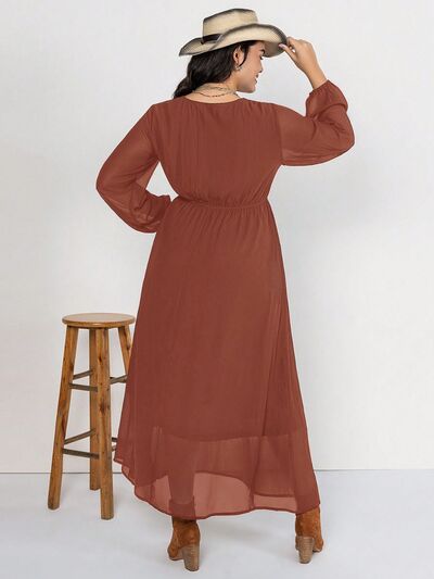 Plus Size Embroidered Tie Neck Long Sleeve Dress BLUE ZONE PLANET