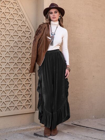 Blue Zone Planet | Ruffle Trim Wide Leg Slit Pants BLUE ZONE PLANET