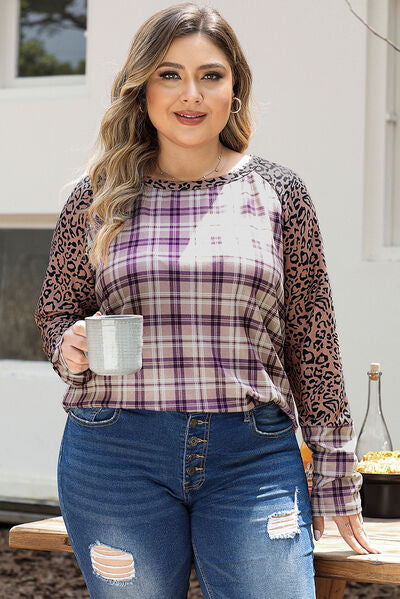 Blue Zone Planet | Plus Size Leopard Raglan Sleeve Plaid T-Shirt BLUE ZONE PLANET