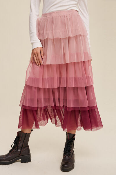 Blue Zone Planet | Elastic Waist Layered Tulle Midi Skirt BLUE ZONE PLANET