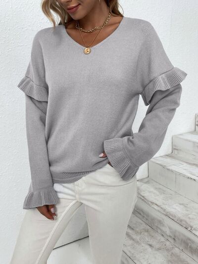 Blue Zone Planet | Ruffled V-Neck Dropped Shoulder Sweater BLUE ZONE PLANET