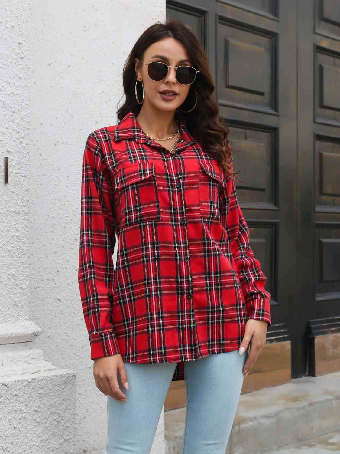 Plaid Collared Neck Buttoned Shirt with Pockets BLUE ZONE PLANET
