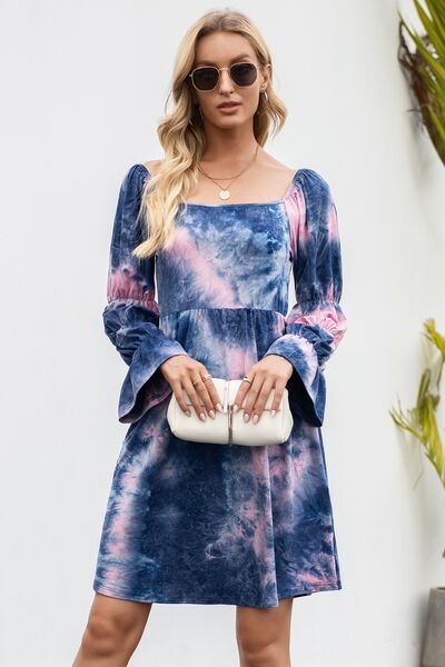 Blue Zone Planet | Tie-Dye Square Neck Flounce Sleeve Dress BLUE ZONE PLANET