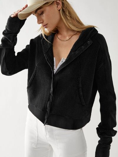 Blue Zone Planet | Waffle-Knit Dropped Shoulder Hooded Jacket BLUE ZONE PLANET