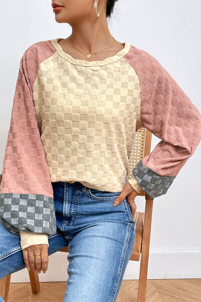 Blue Zone Planet | Checkered Contrast Round Neck Long Sleeve T-Shirt BLUE ZONE PLANET