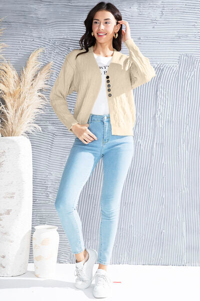 Blue Zone Planet | Cable-Knit Button Up Dropped Shoulder Cardigan BLUE ZONE PLANET